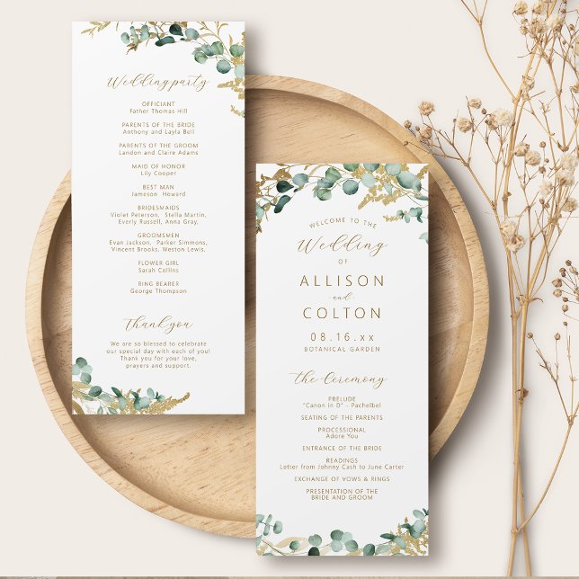 Rustikaler Eukalyptus goldenes Grün Boho Hochzeit Programm (Rustic eucalyptus gold greenery boho wedding program)