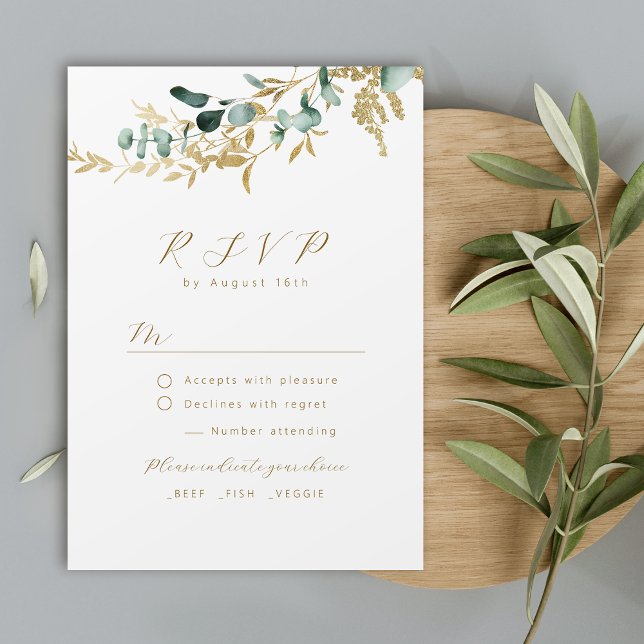 Rustikaler Eukalyptus-Goldgrün boho Hochzeit RSVP Karte (Von Creator hochgeladen)
