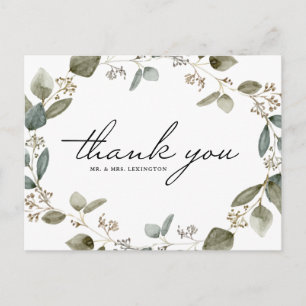 Rustikaler Eukalyptus-Kranz Hochzeit Danke Postkarte