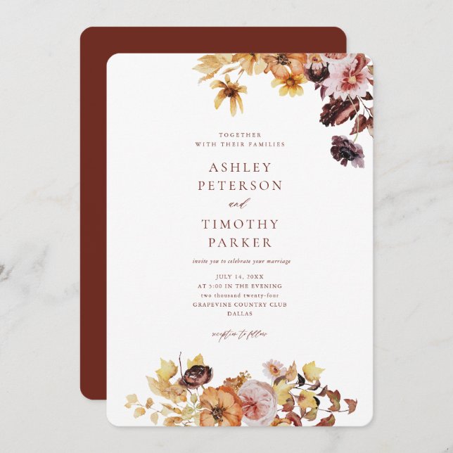 Rustikaler Fall Burgundy Boho Floral Wedding Einladung (Vorne/Hinten)