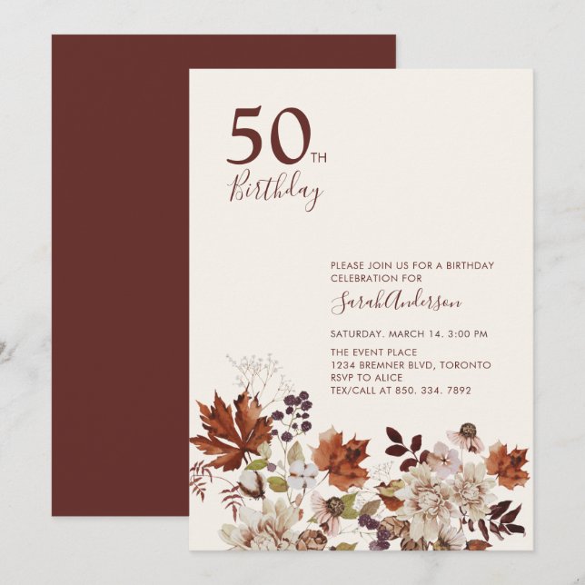 Rustikaler Fall Floral Erwachsener Meilenstein Geb Einladung (Vorne/Hinten)