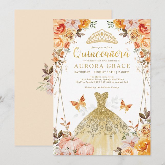 Rustikaler Fall Floral Quinceañera Mis Quince Anos Einladung (Vorne/Hinten)