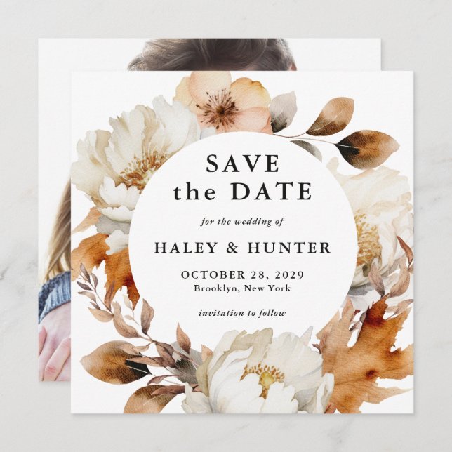 Rustikaler Fall Floral Save the Date mit Foto (Vorne/Hinten)