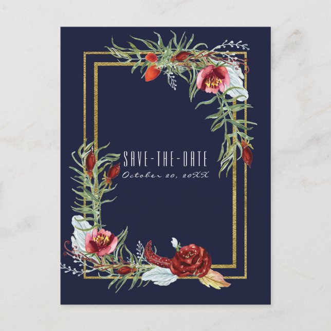 Rustikaler Fall Marsala Floral Navy Blau Save the  Ankündigungspostkarte (Vorderseite)
