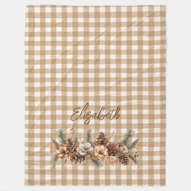 Rustikaler Fall Pine Cones Brown Gingham Personali Fleecedecke (Vorderseite)