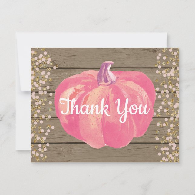 Rustikaler Fall Pumpkin Pink Gold Glitzer Dankeskarte (Vorderseite)
