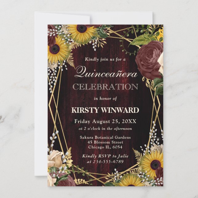 Rustikaler Fall Sonnenblumen Holzrahmen Quinceaner Einladung (Vorderseite)