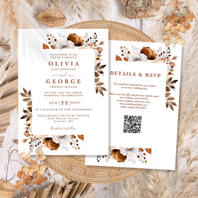 Rustikaler Fall Terracotta Floral QR Code Hochzeit Einladung (Rustic Fall Terracotta Floral QR Code Wedding Invitation)