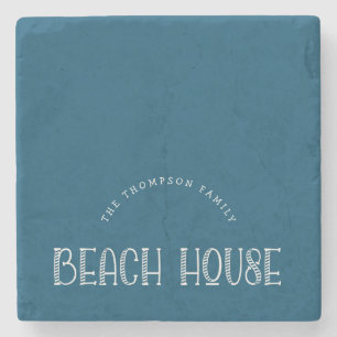 Rustikaler Familienname Beach House Text Türkis Steinuntersetzer