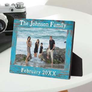 Rustikaler Familienname Foto Blau Holzrahmen Fotoplatte