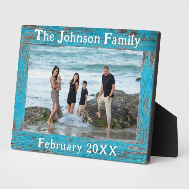 Rustikaler Familienname Foto Blue Wood Frame Fotoplatte (Seite)