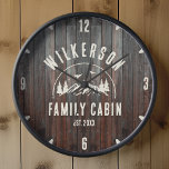 Rustikaler Familienname Kabine Hütte Lodge Retro Uhr<br><div class="desc">Moderne Rustikale Wanduhr mit trendigem Wald-Gebirgsdesign mit Kiefern,  Wäldern und Vögeln,  umgeben von Ihrem eigenen Familiennamen auf bedrucktem dunklem Holzpaneelhintergrund,  einem personalisierbaren Namen Ihrer Hütte,  Kabine,  Seehaus oder anderen,  sowie dem etablierten Jahr.</div>