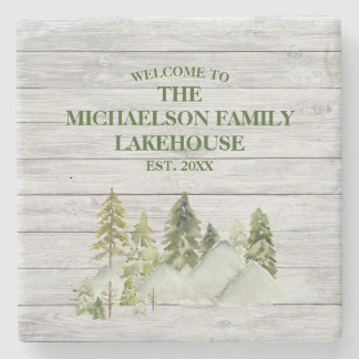 Rustikaler Familienname Monogram Lake House Steinuntersetzer
