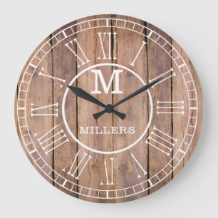 Rustikaler Familienname Monogramm Braunholz Große Wanduhr