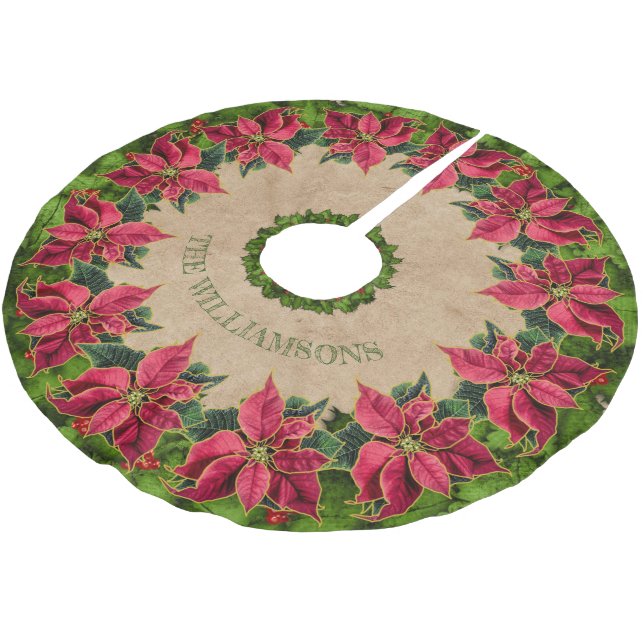 Rustikaler Familienname Poinsettia Holly Berry Wre Polyester Weihnachtsbaumdecke (Schrägansicht)
