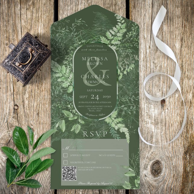 Rustikaler Fern Green Foliage Emerald QR Code All In One Einladung (Also available without a QR code; with or without dinner selection options.)