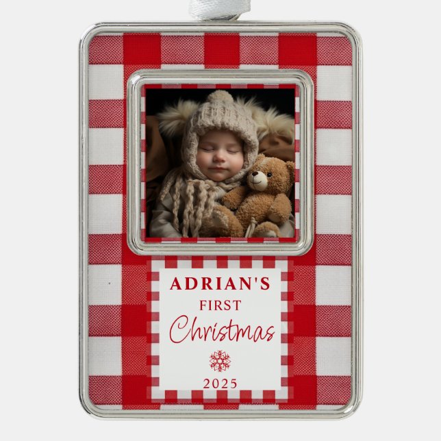 Rustikaler First Christmas Baby Keepake Rahmen-Ornament Silber (Vorderseite)