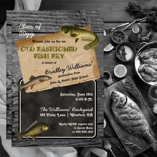 Rustikaler Fisch Abschluss Backyard Cookout Party Einladung (Rustic Fish Fry Graduation Backyard Cookout Party Invitation -- Print | Digital Download)