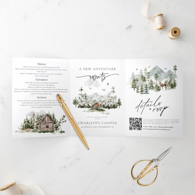 Rustikaler Forest Mountain Camp Junggeselinnen-Abs Dreifach Gefaltete Einladung (Von Creator hochgeladen)