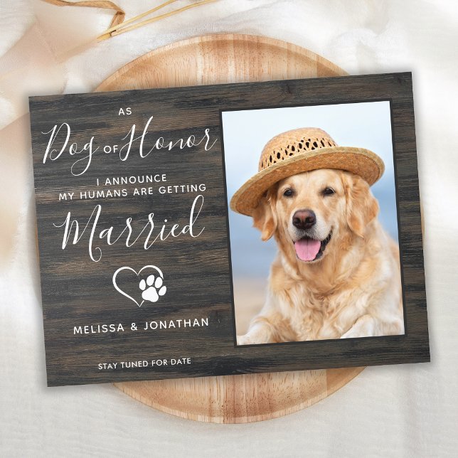 Rustikaler Foto Hund Ehrenfrau Hochzeit Verlobung Ankündigungspostkarte (Von Creator hochgeladen)
