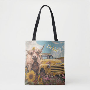 Rustikaler Gelbbaumwagen und Hochlandkuh - individ Tasche