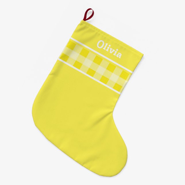Rustikaler Gelbschwingel karierter Gingham-individ Großer Weihnachtsstrumpf (Vorderansicht (hängend))