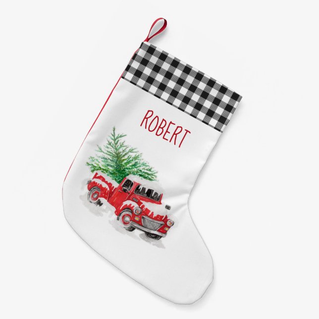 Rustikaler Gingham Kariert Red Truck Kleiner Weihnachtsstrumpf (Vorderansicht (hängend))