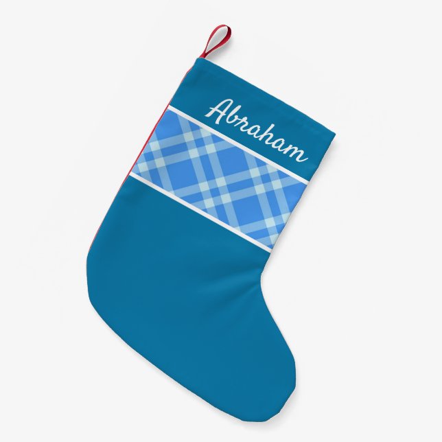 Rustikaler Gingham karierter Himmelsblauer individ Kleiner Weihnachtsstrumpf (Vorderansicht (hängend))