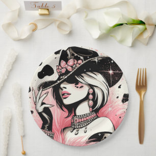 Rustikaler Glam-Cowgirl-Rosa-Sparkling-Rinderhide- Pappteller