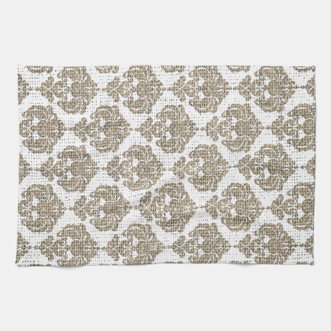 Rustikaler Glamour Burlap Royal Damask Moderne Mod Geschirrtuch (Horizontal)
