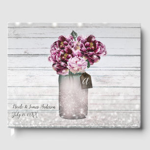 Rustikaler Glamour Wood & Burgund Mason Jar Blume Gästebuch