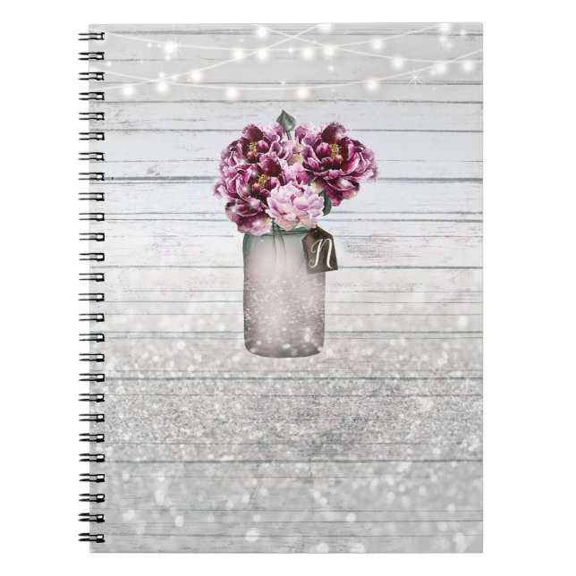 Rustikaler Glamour Wood & Burgund Mason Jar Blume Notizblock (Vorderseite)