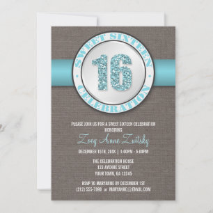 Rustikaler Glitzer Aqua Blue Sweet 16 Einladungen