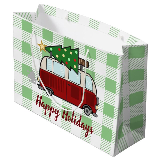 Rustikaler glücklicher Camper Weihnachten Große Geschenktüte (Rückseite Schrägansicht)