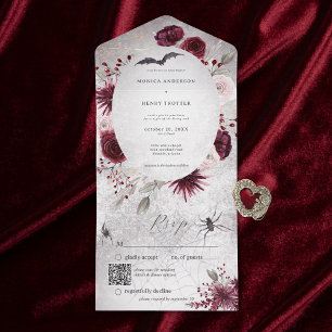 Rustikaler Gothic Black & Burgund Floral QR Code All In One Einladung