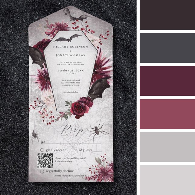 Rustikaler Gothic Black Burgundy Halloween QR Code All In One Einladung (Rustic Gothic Black Burgundy Halloween Matching Colors Palette)