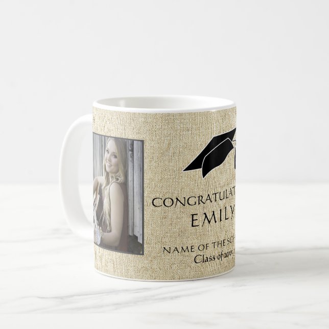 Rustikaler Graduate Glückwunsch Foto Abschluss Kaffeetasse (Vorderseite Links)