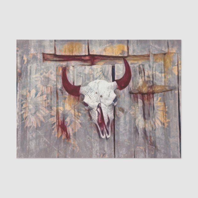 Rustikaler Grauer Western Bull Skull Gelbe Sonnenb Seidenpapier (Vorderseite)