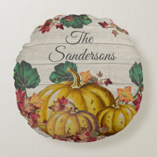 Rustikaler Grauholz Herbst Orange Pumpkin Herbstla Rundes Kissen