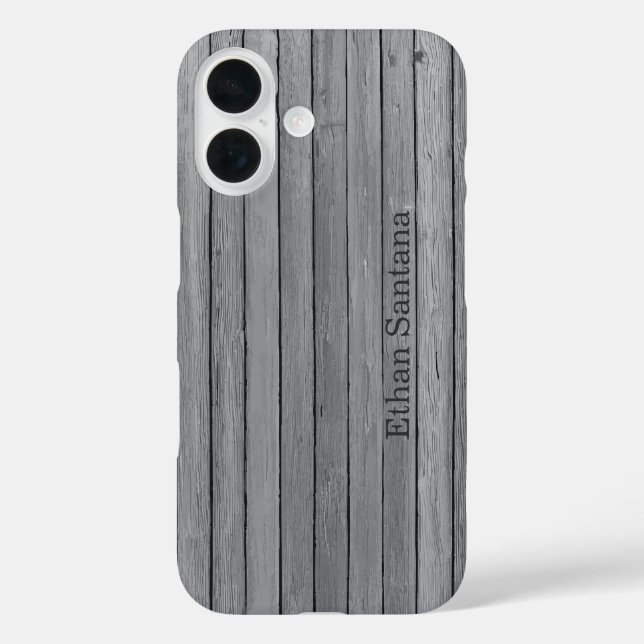 Rustikaler Grauholzplanks Personalisierter Name iPhone 16 Hülle (Rückseite)