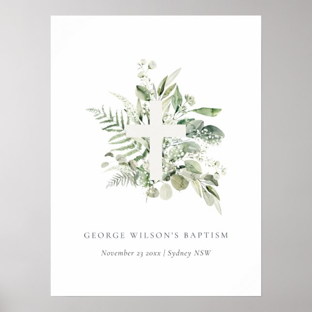 Rustikaler grüner Eukalyptus Fern Foliage Cross Ba Poster (Vorne)