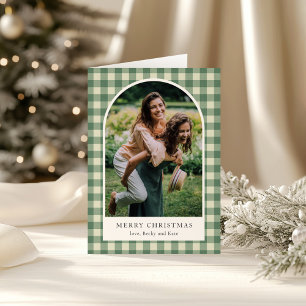 Rustikaler grüner Gingham-Bogen-Foto-Weihnachten m Karte