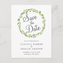 Rustikaler grüner Olivenbaumkranz Save the Date Ankündigungspostkarte