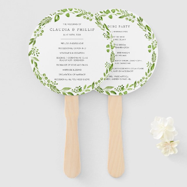 Rustikaler grüner Olivenkranz Hochzeitsprogramm Fächer (Vorne und Hinten)