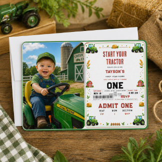Rustikaler grüner Traktor Bauernhof 1. Geburtstag Einladung