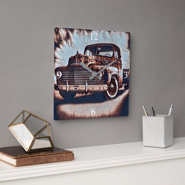 Rustikaler Grunge Truck - Eine Vintage Schönheit Quadratische Wanduhr (Büro)