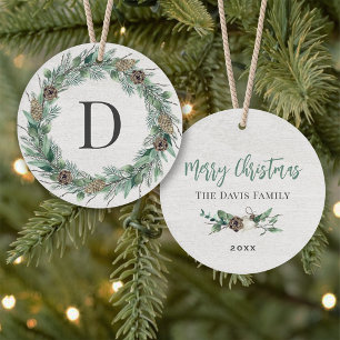 Rustikaler Grünpflanzenkranz Weihnachten Monogramm Ornament