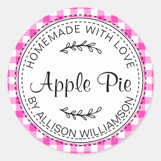 Rustikaler, hausgemachter Apple Pie Neon Pink Karo Runder Aufkleber (Vorderseite)