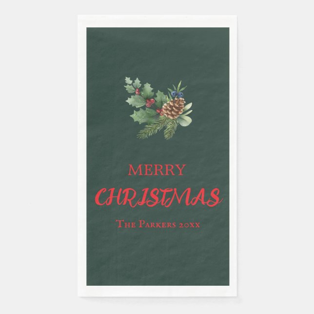 Rustikaler Heiliger mit roten Beeren und Kiefernke Serviette (Vorderseite)