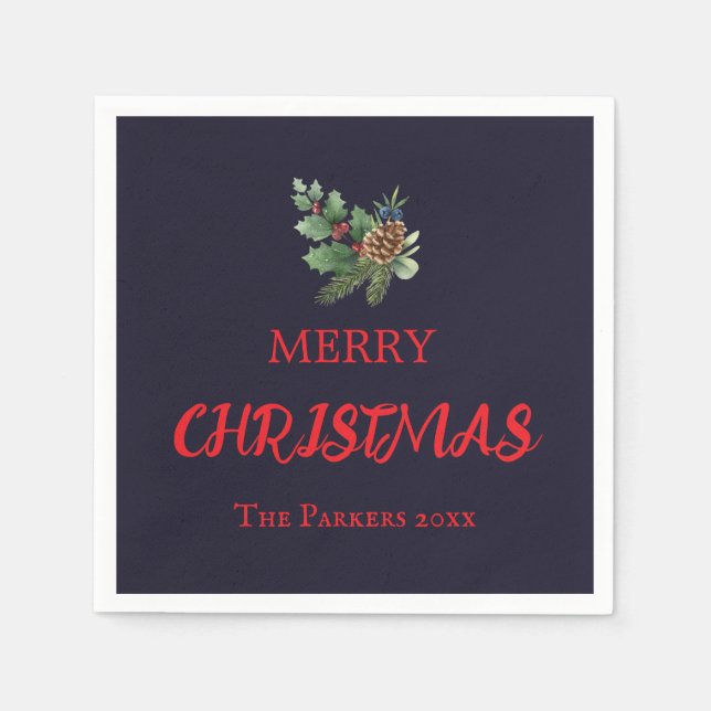 Rustikaler Heiliger mit roten Beeren und Kiefernke Serviette (Vorderseite)